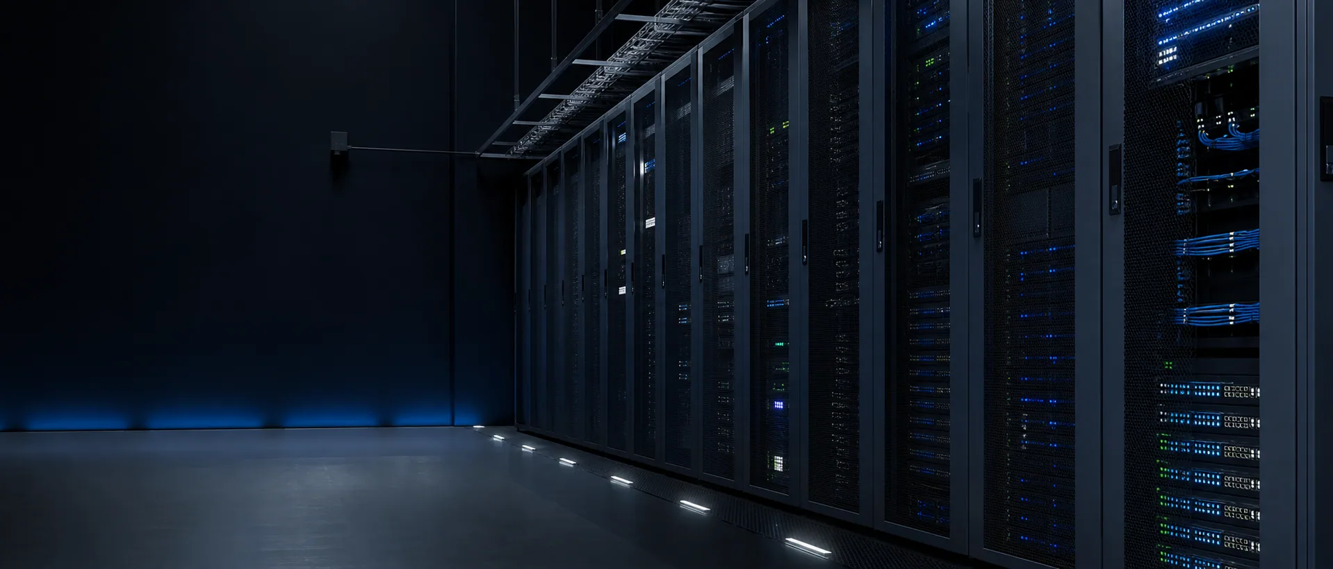 Empty aisle of an active data hall, server racks lit by status LEDs